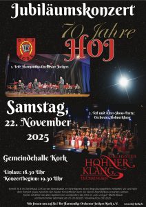 Flyer zum Jubiläumskonzert des HOJ Kork am 22. November 2025. Der Verein feiert sein 70-jähriges Bestehen und hat hierzu auch das Orchester Hohnerklang engagiert.